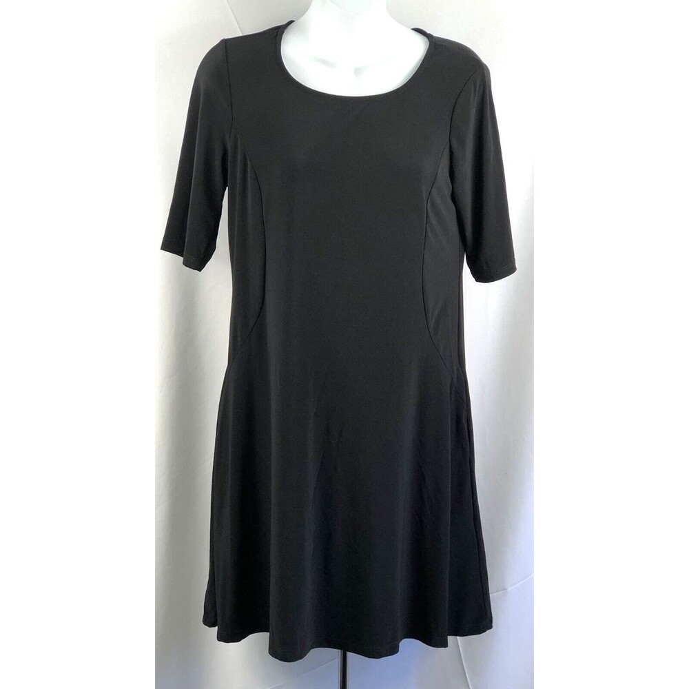 Swing Shift Dress S Blk 1/2 Sleeve Knee Length Pockets Scoop Stretch Liquid Knit